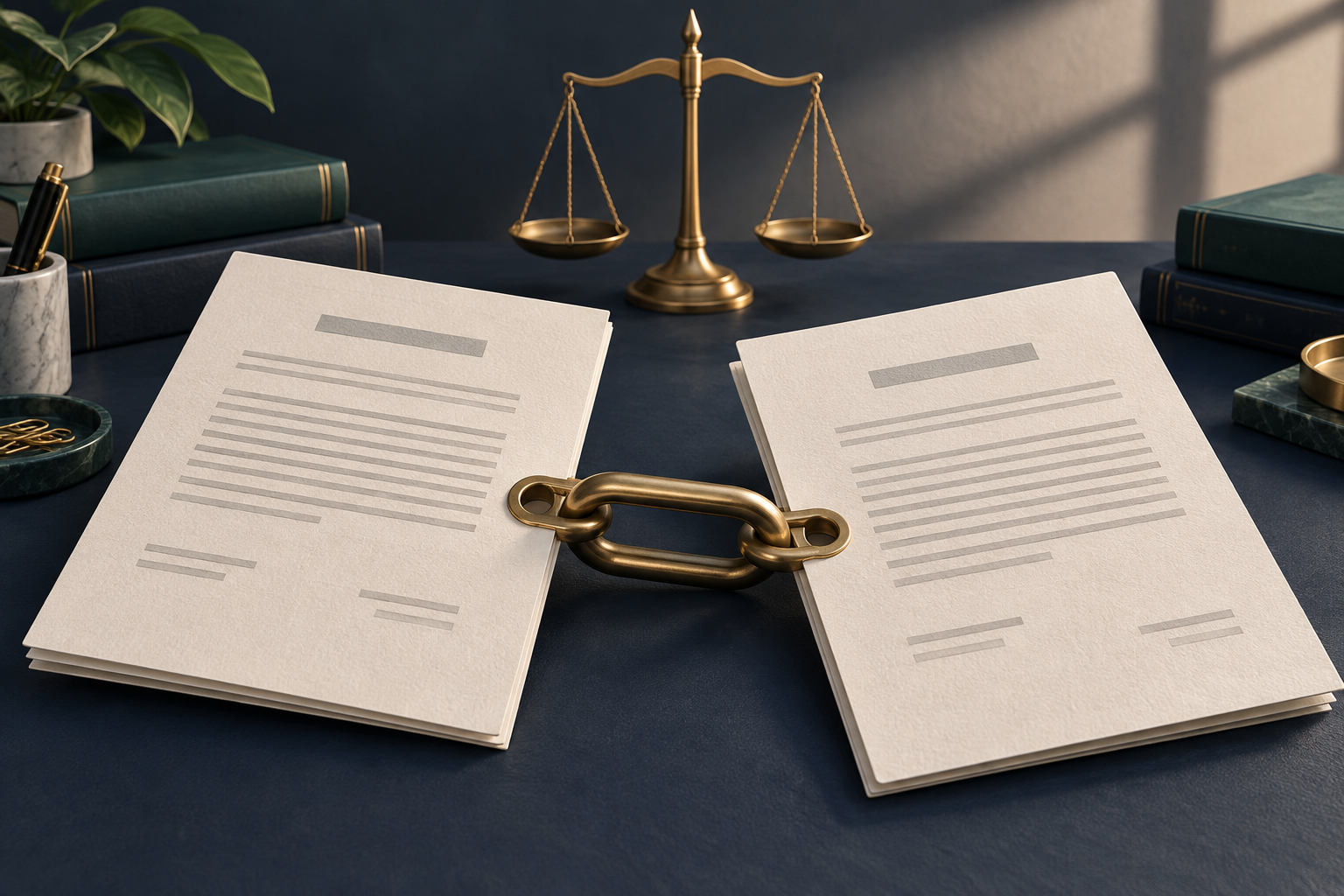 Two illustrated contract documents joined by brass links, with a balance scale on a navy desk.