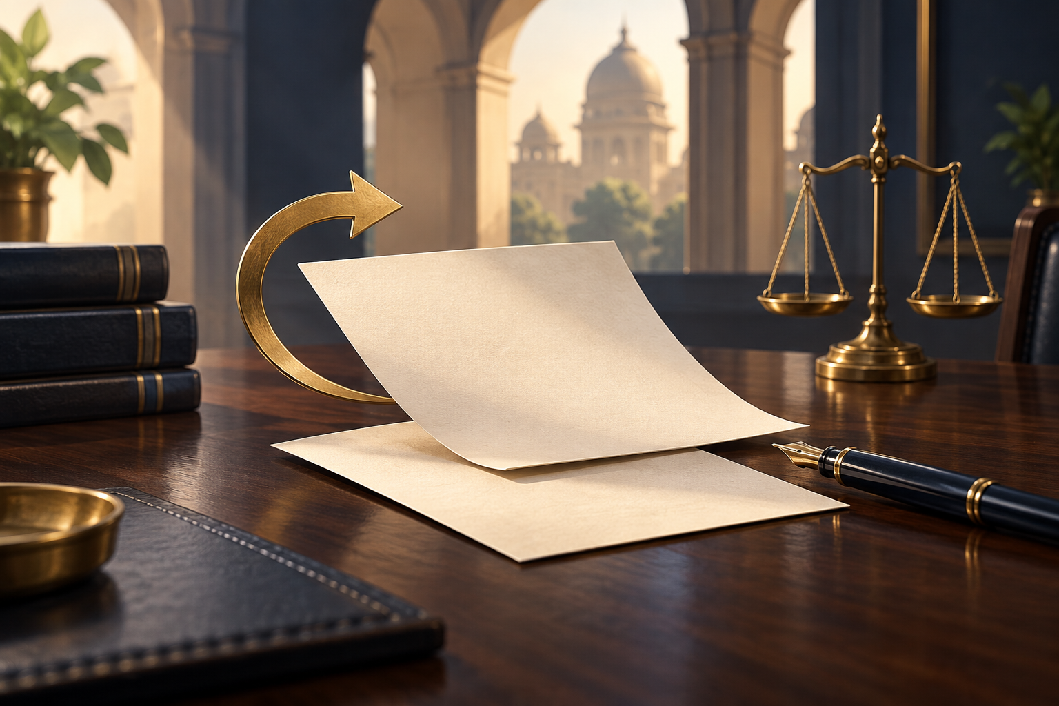 Two blank sheets and a curved brass arrow on a wooden desk, with a fountain pen and scales of justice.