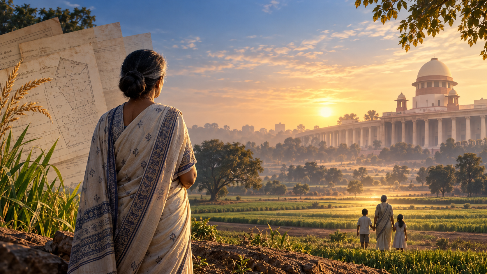 Woman overlooking Delhi farmland with land records and a courthouse at dawn, illustrating widow’s Bhumidhar succession