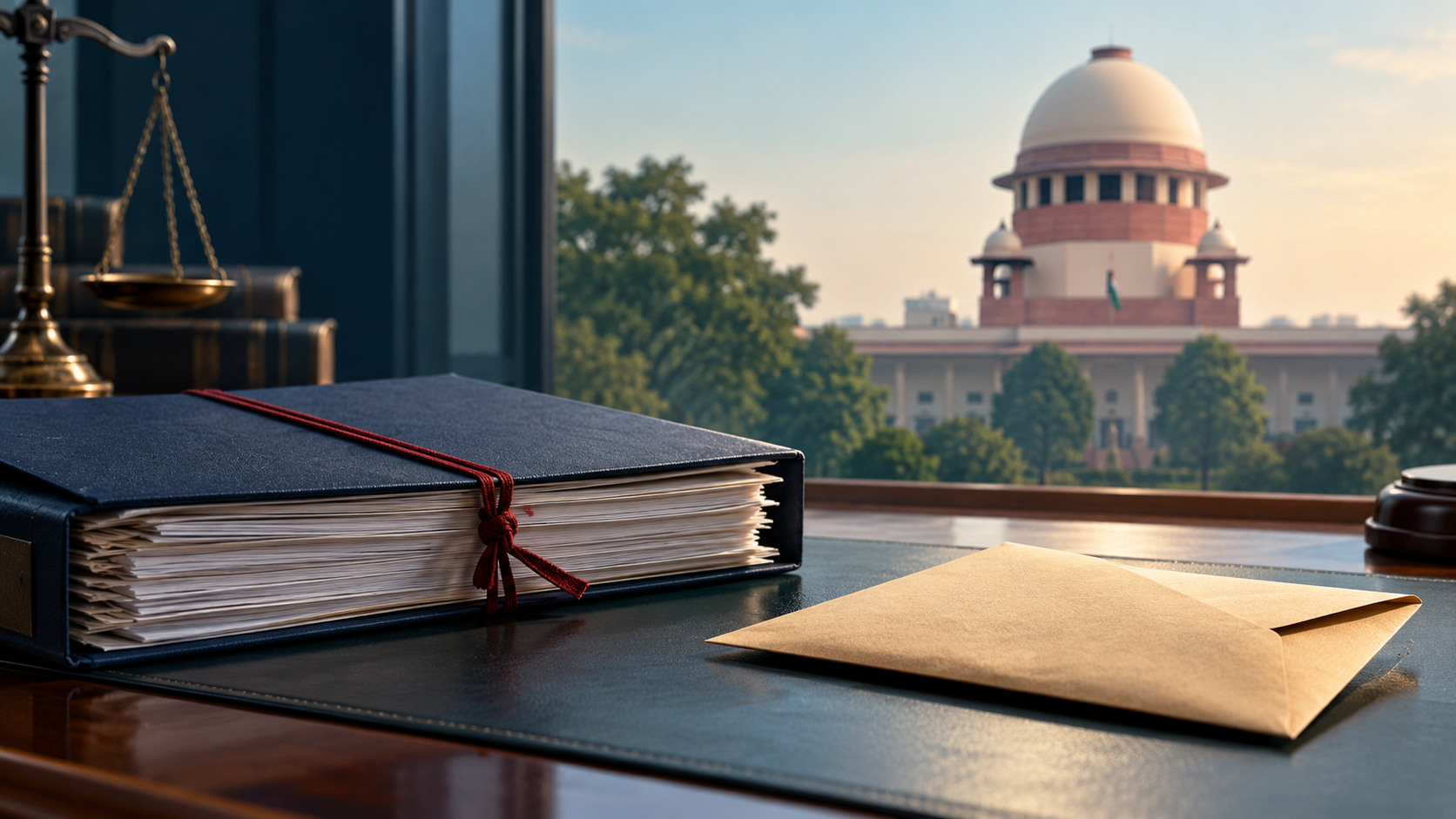 Official case file and envelope on a desk with the Supreme Court of India in the background