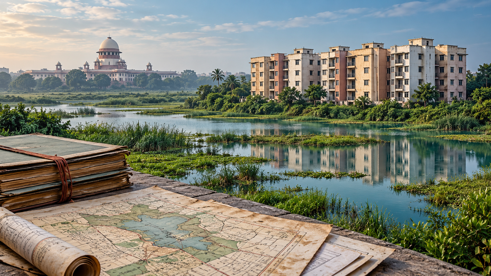 Residential flats beside a protected pond with land survey records in the foreground
