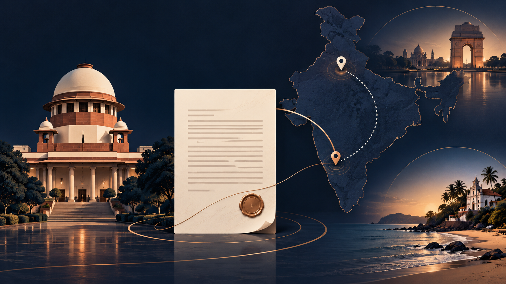 Illustration of a contract, Delhi and Goa markers, and the Supreme Court, explaining arbitration seat and hearing venue