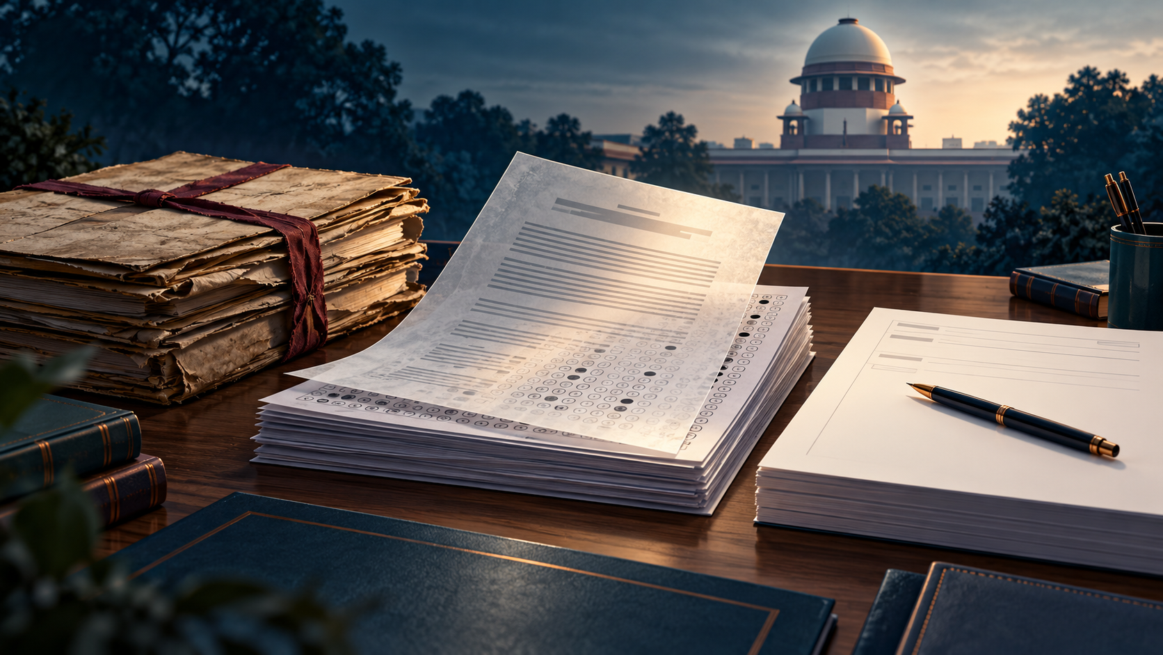 Examination papers and a recruitment file before the Supreme Court, illustrating the KPSC validation law ruling