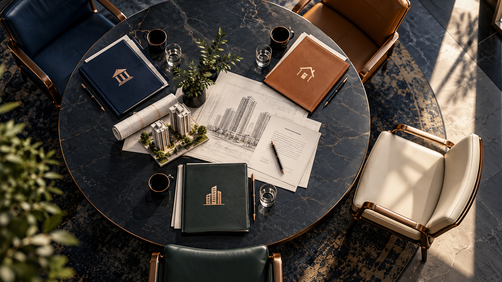 Meeting table with project plans and creditor folders illustrating a lender’s disputed seat on an insolvency committee