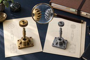 Brass and silver mechanical components compared on technical drawings beneath a magnifying glass.