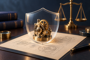 An illustrated brass gear mechanism behind a glass shield on technical drawings, with scales in the background.