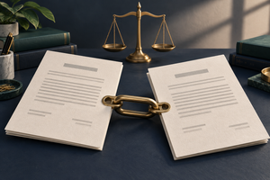 Two illustrated contract documents joined by brass links, with a balance scale on a navy desk.