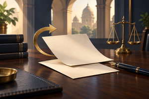 Two blank sheets and a curved brass arrow on a wooden desk, with a fountain pen and scales of justice.