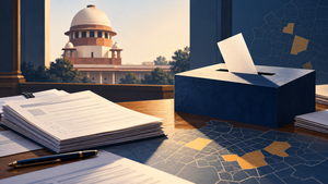 Ballot box and nomination papers before the Supreme Court of India, illustrating fresh Punjab municipal elections