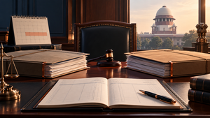 Two case files and a court calendar before the Supreme Court of India, illustrating parallel bail proceedings