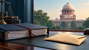 Official case file and envelope on a desk with the Supreme Court of India in the background
