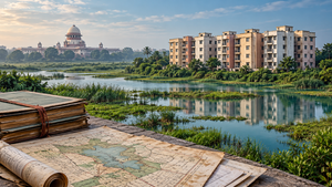 Residential flats beside a protected pond with land survey records in the foreground